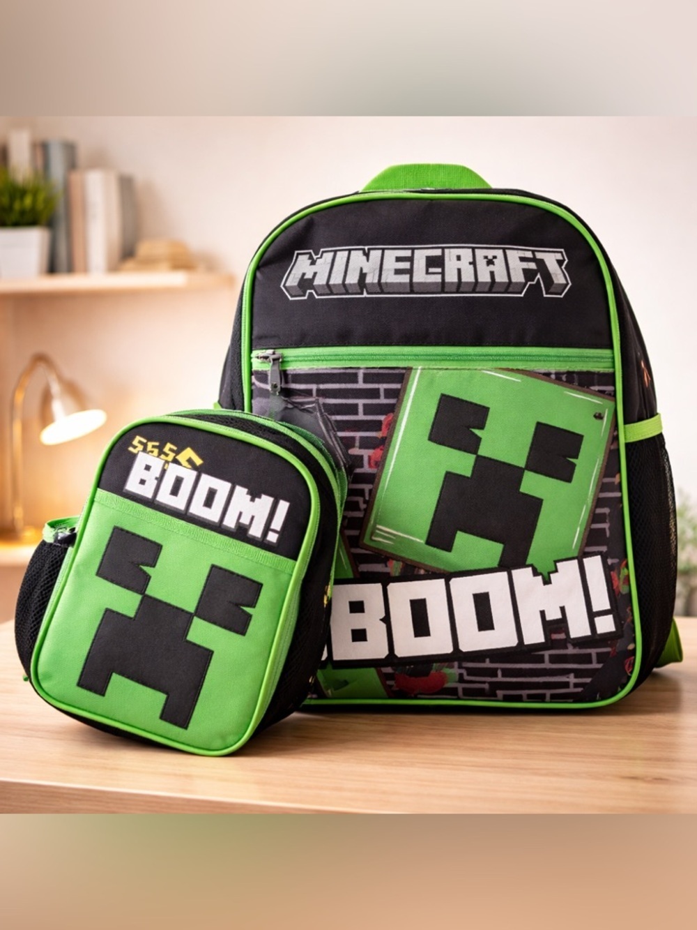 Minecraft Creeper Green Black Backpack Lunch Bag Set Kids Polyester